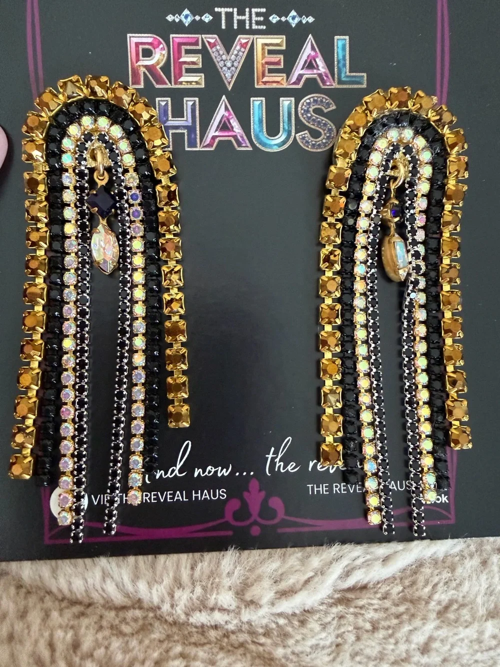 Gold and Black Crystal rainbow Fringe Earrings